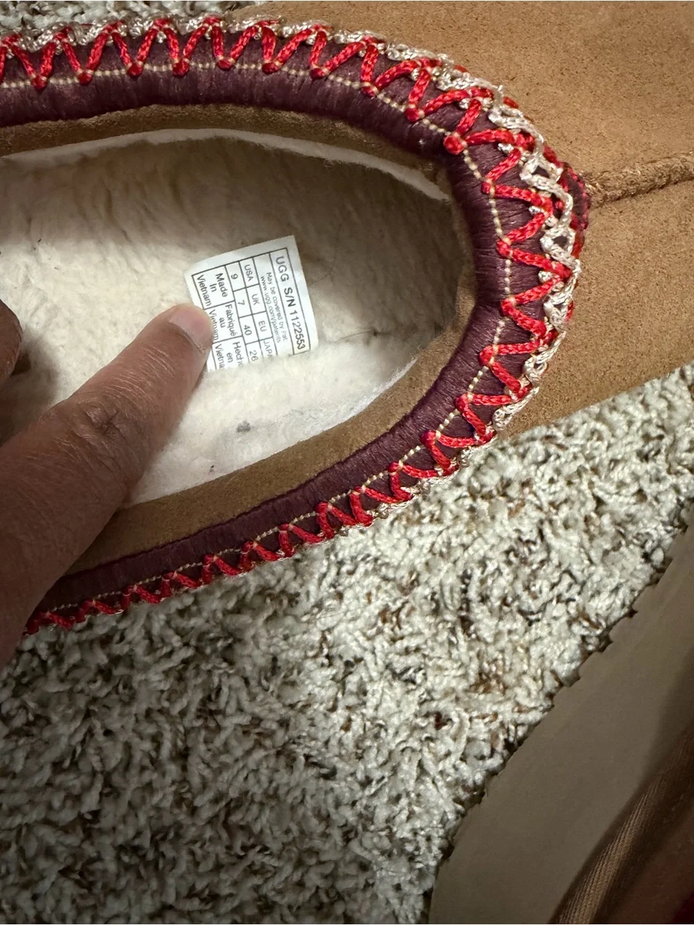 UGG Chestnut Suede Slip-On Mules with Red Knit Trim